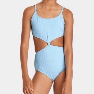 Art Class Girls’ One Piece Twist Front Solid Swimsuit - Blue M